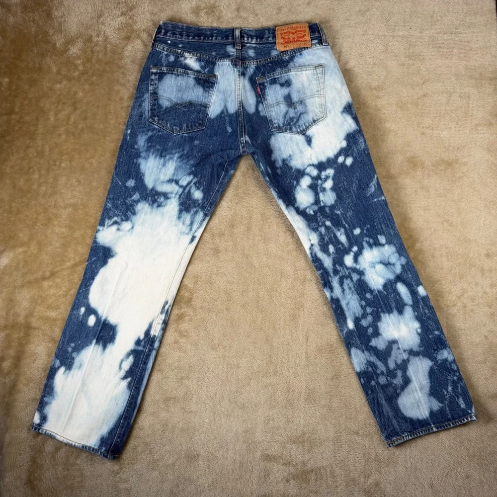 Levis 501 Mens Custom Bleach Splatter Jeans Straight Leg Blue White W33 L30